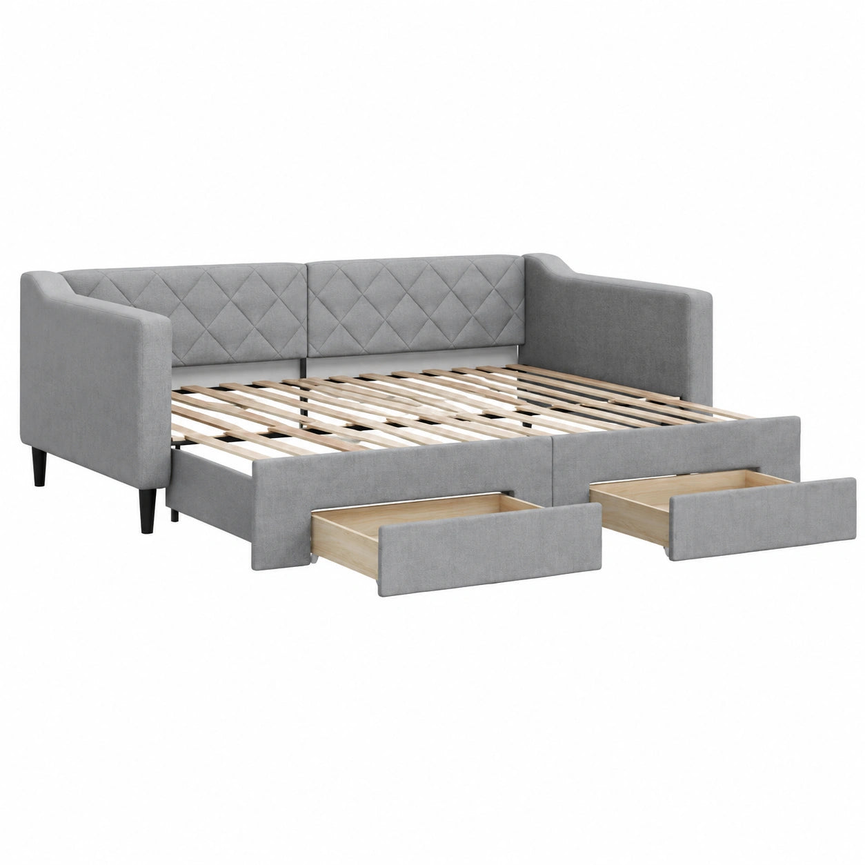 Divano letto multifunzione con cassetti, tessuto grigio chiaro, struttura in legno e metallo, 100 x 200 cm