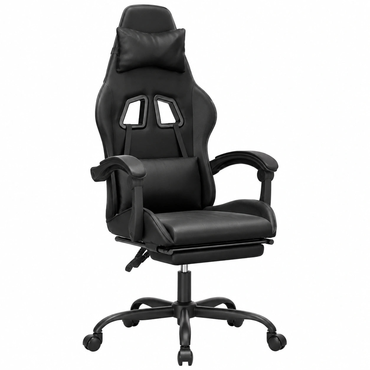 Sedia da Gaming Ergonomica in Similpelle Nera con Poggiapiedi Reclinabile, Altezza Regolabile, Base Girevole a 360°, Struttura Robusta in Metallo, Supporto Fino a 110 kg