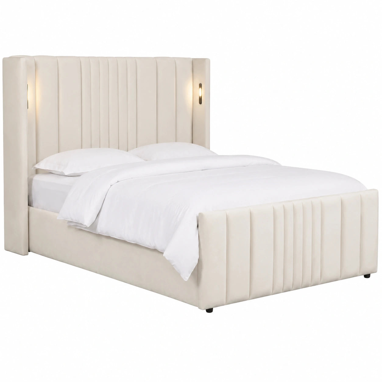 Letto Matrimoniale Beige con Contenitore e Lampade Integrate - Verbier 140x190cm