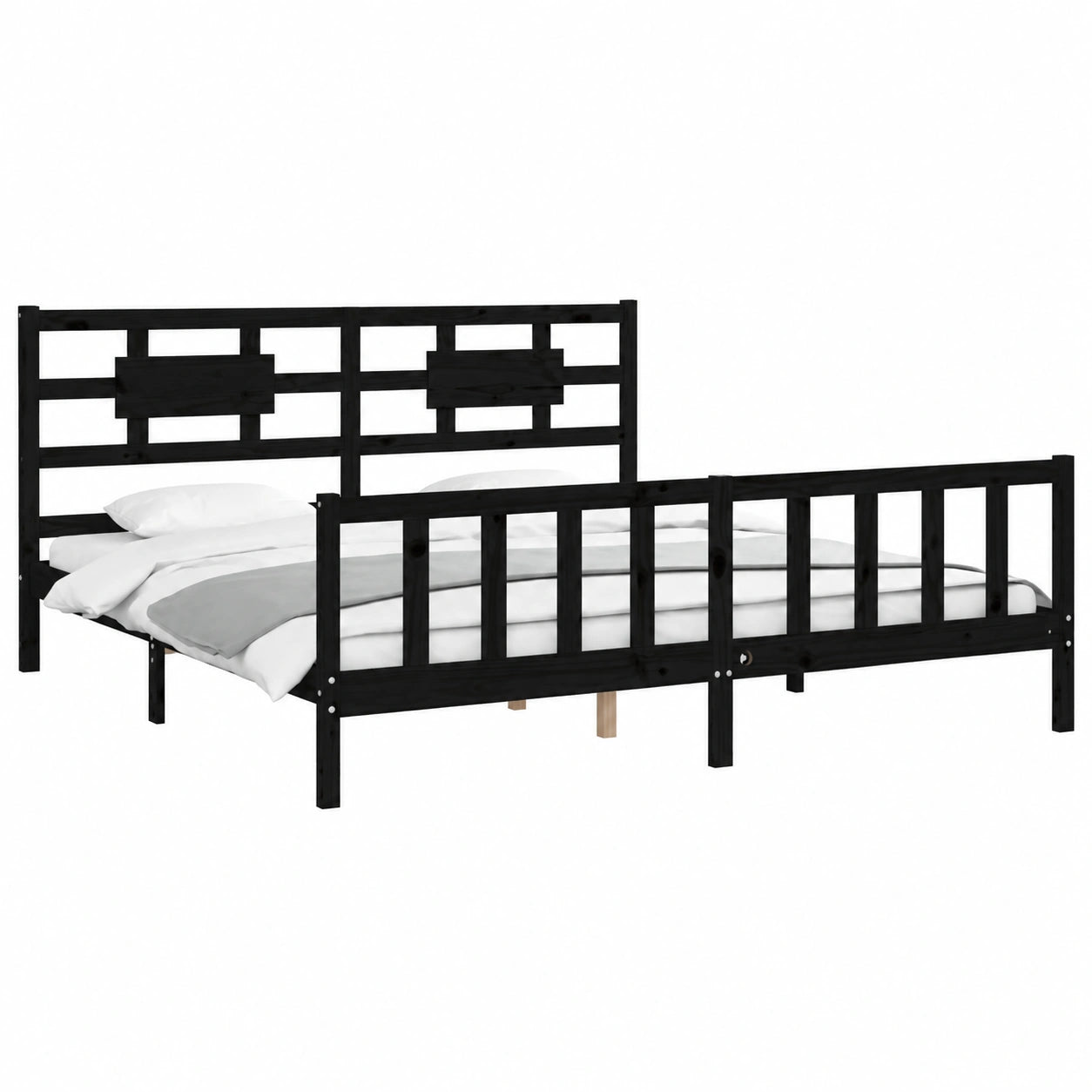 Letto Matrimoniale in Legno Massello con Testiera e Pediera, Nero 200x200 cm