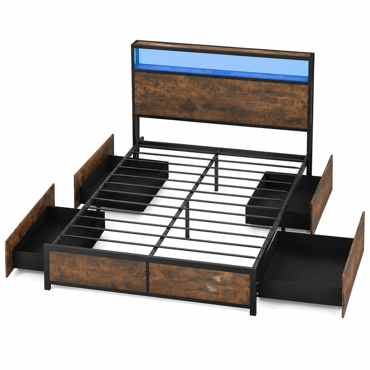 Letto Matrimoniale Smart con LED e Contenitore, LIFEZEAL 144x216 cm, 4 Cassetti, Supporto fino a 300kg