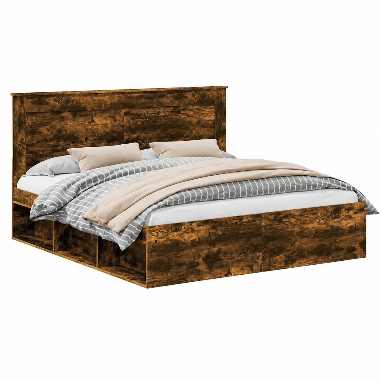 Letto Matrimoniale in Legno di Pino con Testiera, Struttura Robusta e Rete a Doghe, Rovere Fumé 200x200 cm