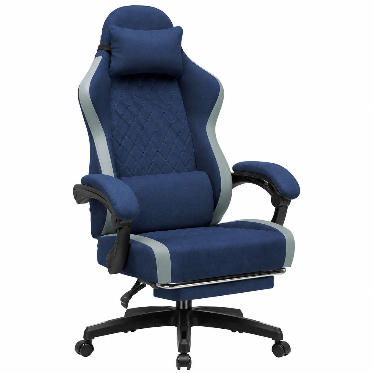 Sedia da gaming GTPLAYER ergonomica con supporto lombare, poggiapiedi e poggiatesta regolabili, tessuto traspirante blu scuro