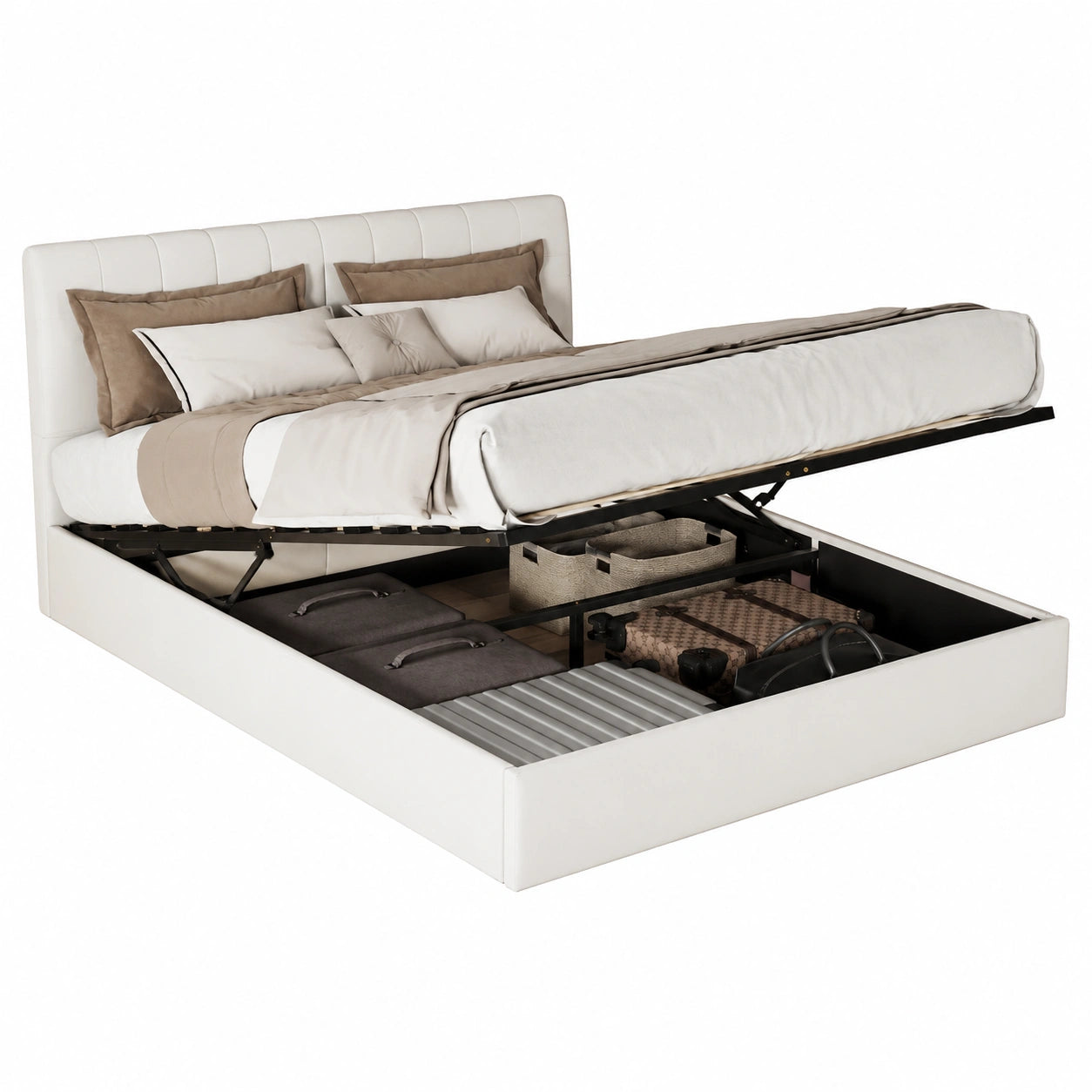 Letto matrimoniale con contenitore e USB 140x190, testiera regolabile, struttura in tessuto teddy