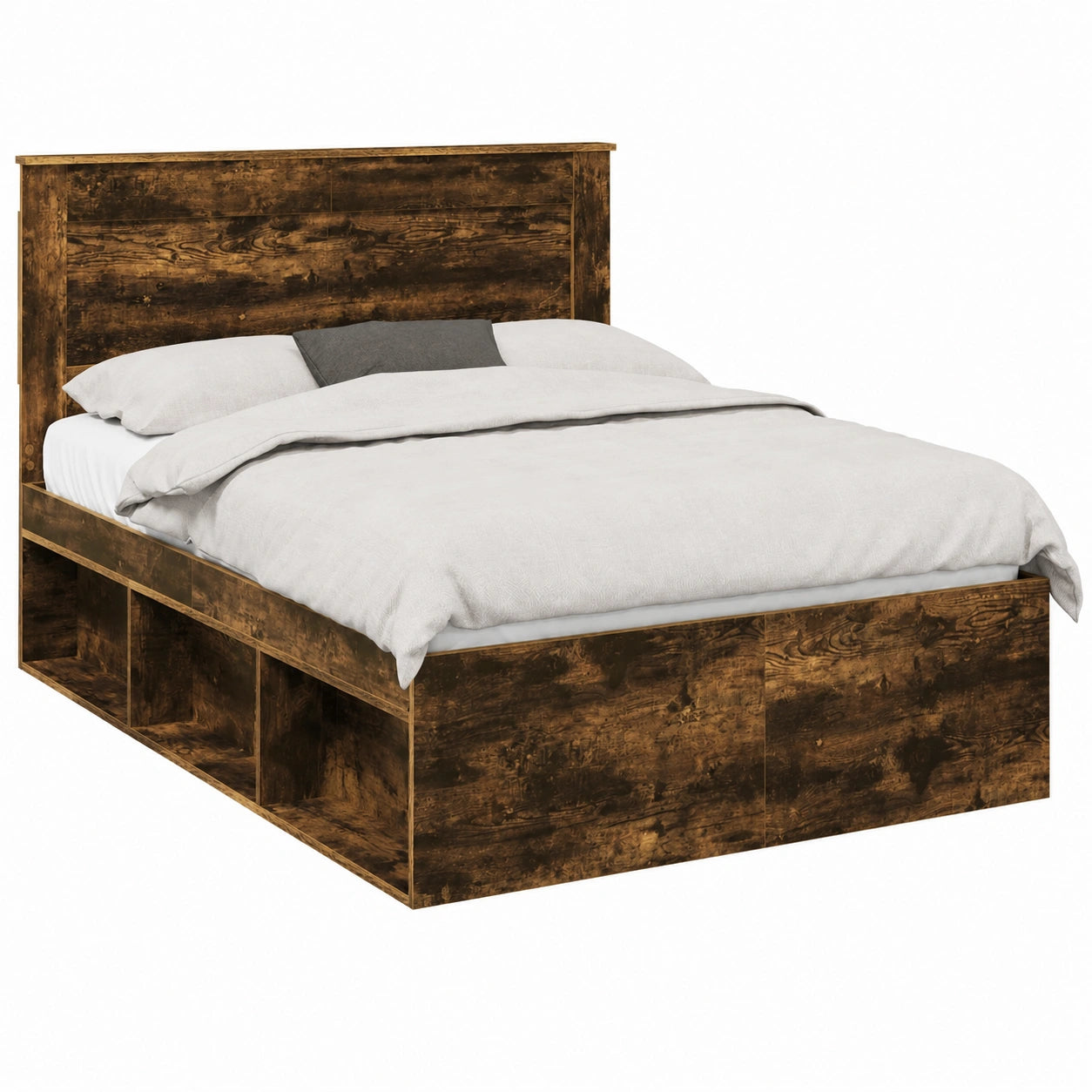 Letto matrimoniale in rovere fumé con testiera in pino massello, 140x190 cm, struttura solida e rete a doghe, stile minimalista per camera moderna