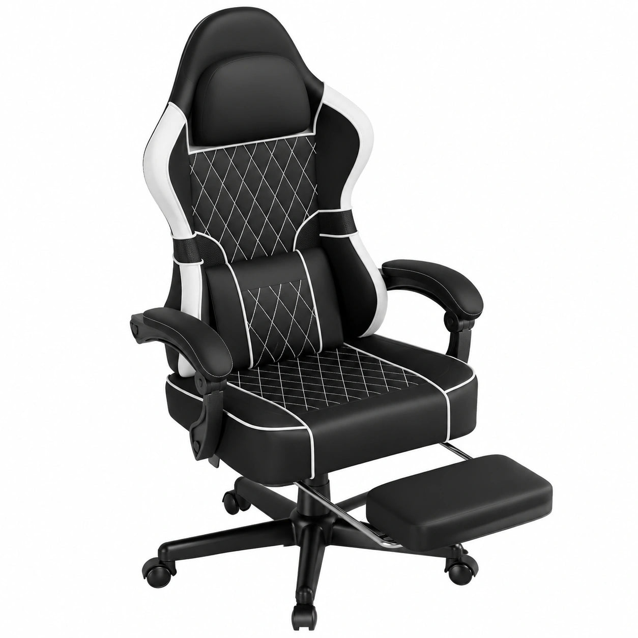 Sedia da Gaming Huracan con Massaggio e Poggiapiedi, Girevole 360°, Schienale Regolabile, in Pelle PVC, Bianco/Nero, Capacità 150 kg