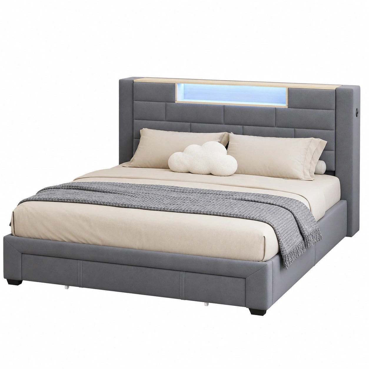 Letto Matrimoniale Imbottito con Contenitore e LED - Grigio 160x200 cm