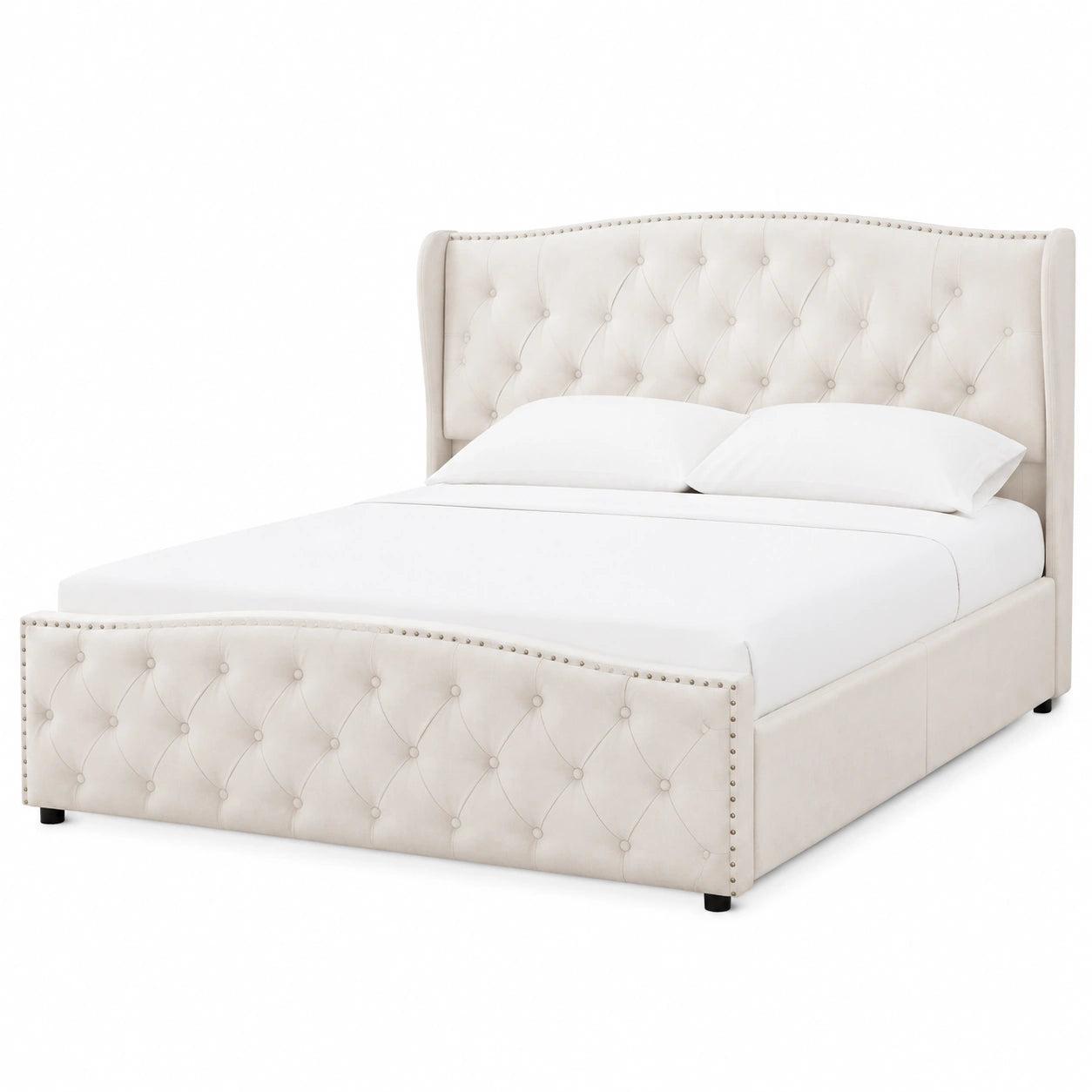 Letto Matrimoniale con Contenitore 160x200 cm, Idraulico, Doghe in Legno, Bianco Crema