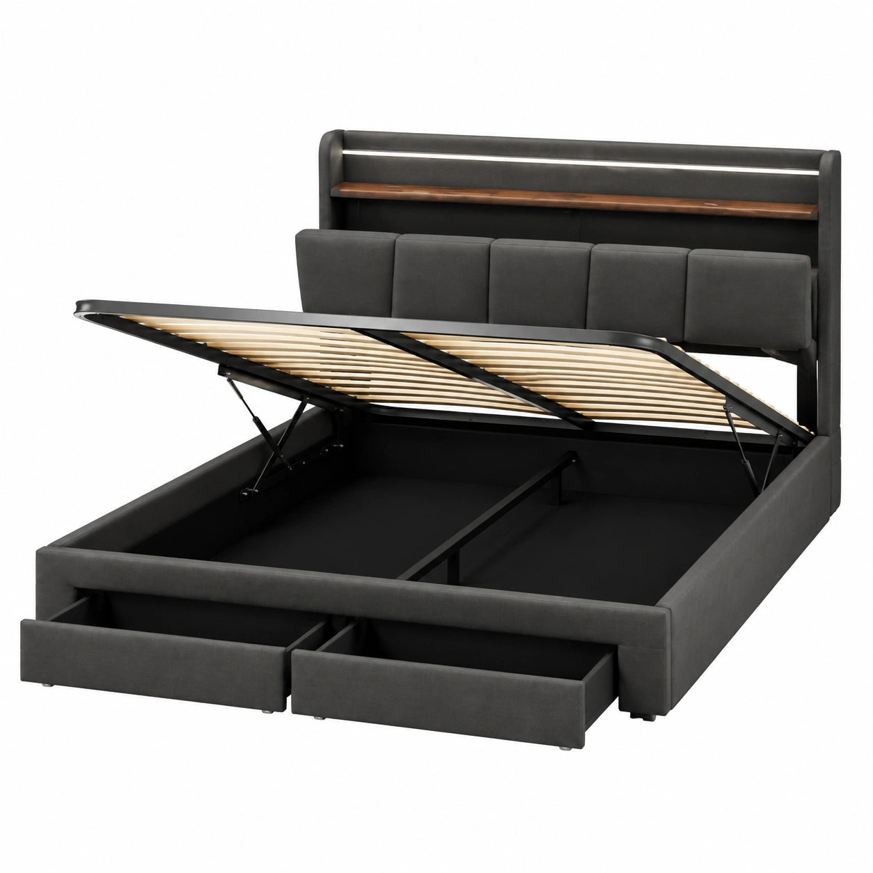 Letto matrimoniale 140x200 cm con LED, USB e contenitore, Struttura imbottita con cassetti e rete a doghe, Lino grigio
