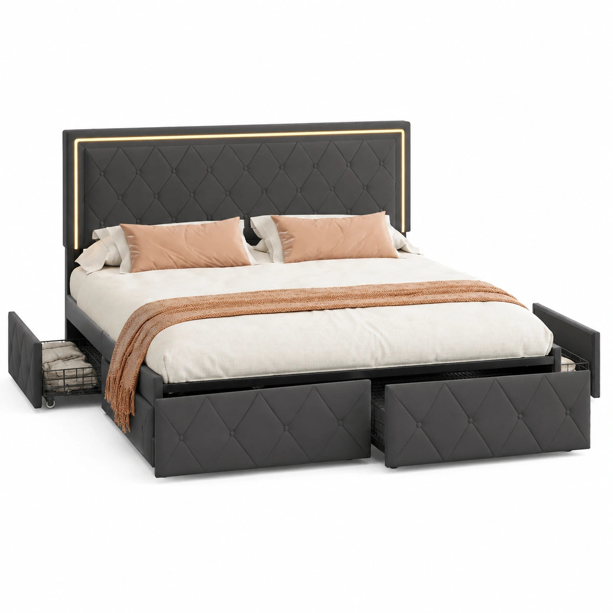 Letto matrimoniale 160x200 cm con LED e 4 cassetti, struttura in metallo per camere moderne